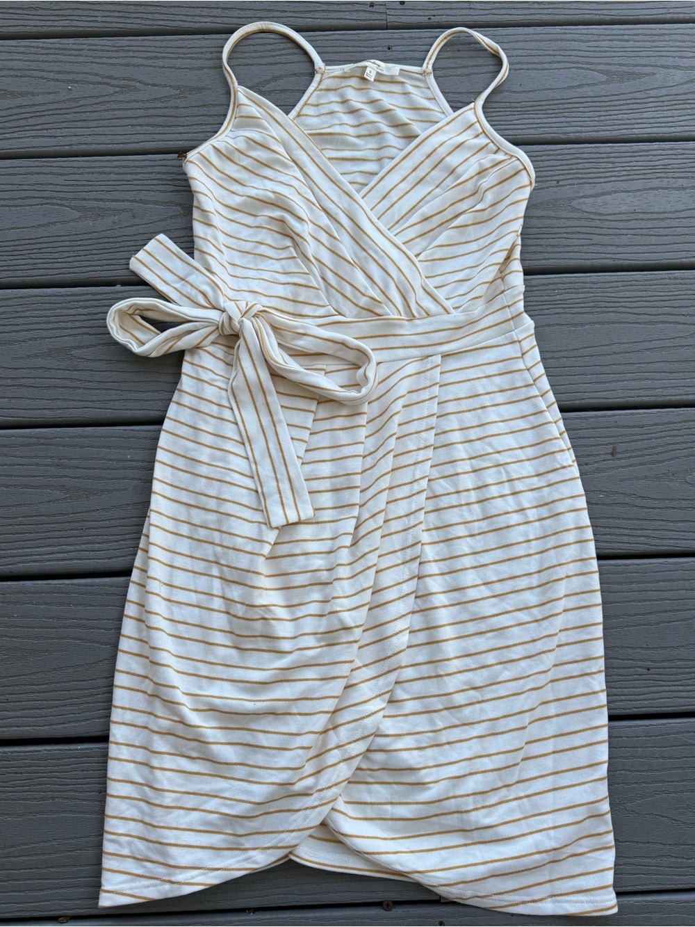 ANDREE BY UNIT Cream Dress with Gold Stripes — Wrap Midi Spaghetti Strap